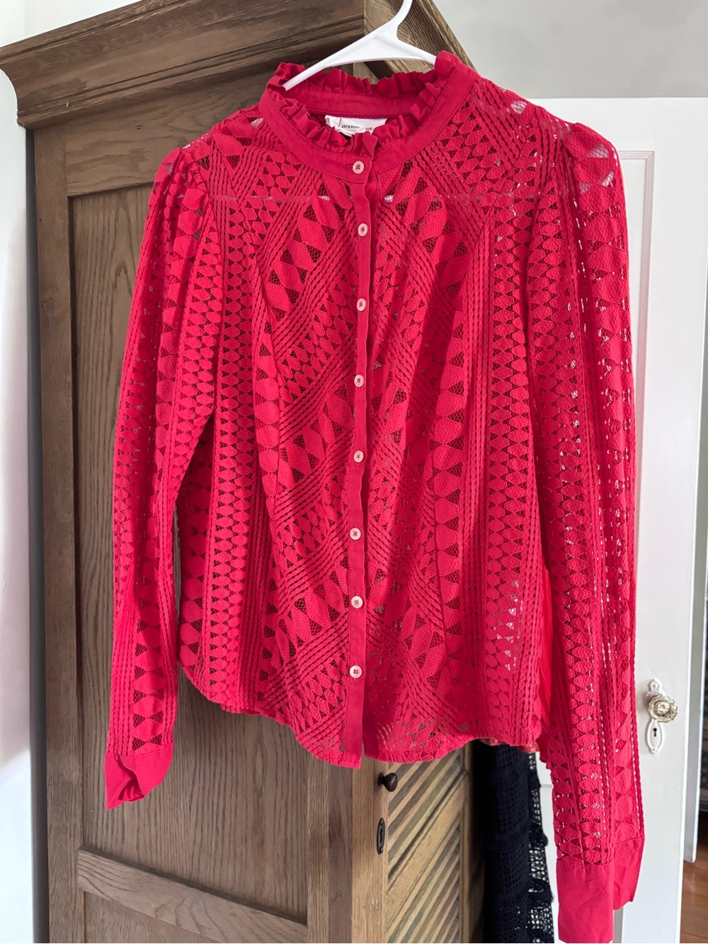 Anthropologie Red Crochet Button-Front Blouse